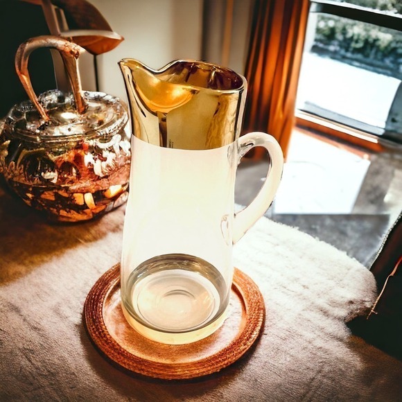 Vtg Glass Pitcher with gold rim and base - Picture 3 of 4